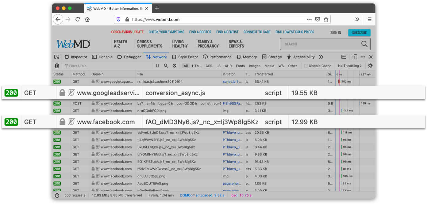 Screenshot showing the number of web requests to load the WebMD.com homepage and trackers that are not blocked.